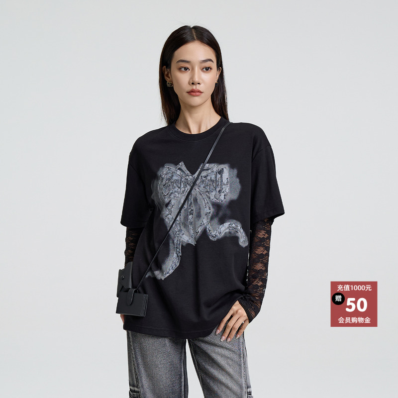 恩瑞妮2025冬季新款蕾丝长袖T恤