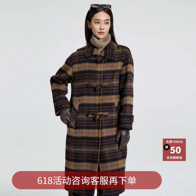 恩瑞妮格子呢外套2025年冬装品牌女装时尚通勤大衣商场同款中长款