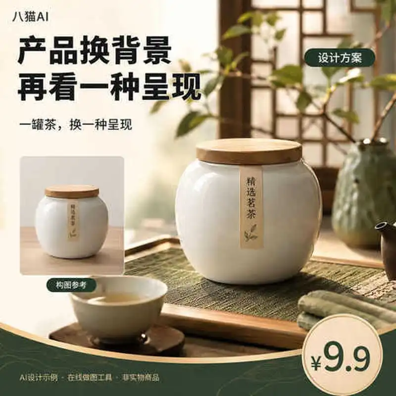 设计工具茶叶八场景猫主图换背景生成AI在线做图产品电商服务
