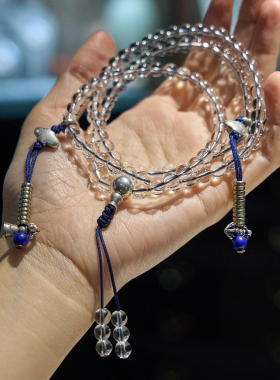 天然巴西净体白水晶圆珠手串s925纯银108颗佛珠念珠项手链男女款