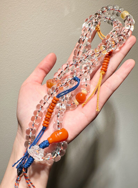 原创10A净体天然白水晶藏式斜切大肠108颗念珠搭配南红蜜蜡s925银