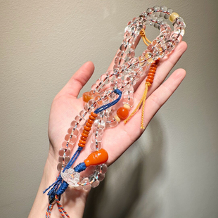 原创10A净体天然白水晶藏式斜切大肠108颗念珠搭配南红蜜蜡s925银