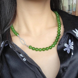 天然俄罗斯碧玉项链万能扣圆珠吊坠链菠菜绿苹果绿和田玉毛衣链女