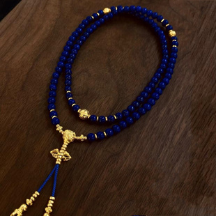 天然青金石项链108佛珠古法金阿富汗帝王老料圆珠复古轻奢毛衣链