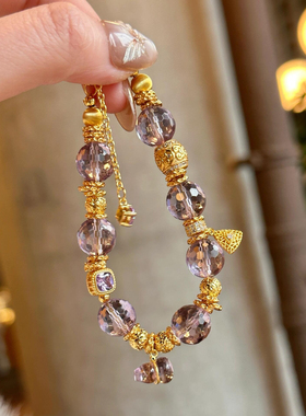天然切面巴西紫水晶圆珠手串古法金葫芦吊坠手链高级感手串气质女