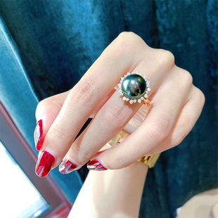 大溪地黑珍珠戒指S925银镀18K金南洋白珍珠女戒正圆活口戒指女款