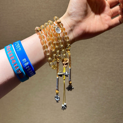 天然巴西黄水晶108颗佛珠8mm暴富纯银念珠印度迈索尔老山檀项链