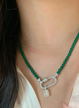 绿野仙踪天然冰透帝王绿玉髓小米珠项链万能扣毛衣链吊坠锁骨链女
