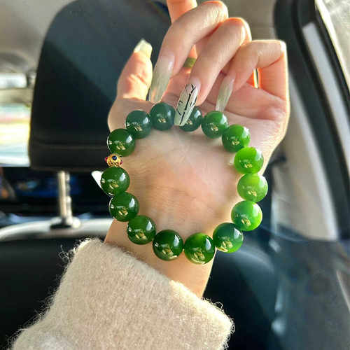 圆珠碧玉手串圆珠新中式女菠菜绿