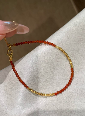 天然红石榴石刻面小米珠手串端午小红绳鸽血红搭925银镀18k碎银女