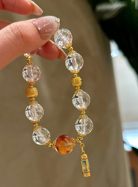 喜马拉雅天然白水晶白阿塞锦鲤胶花转运珠纯银古法金手串女款轻奢