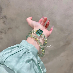 翡翠湖泊冰透新中式天然绿萤石手串深翠绿方糖转运珠双圈手链女款