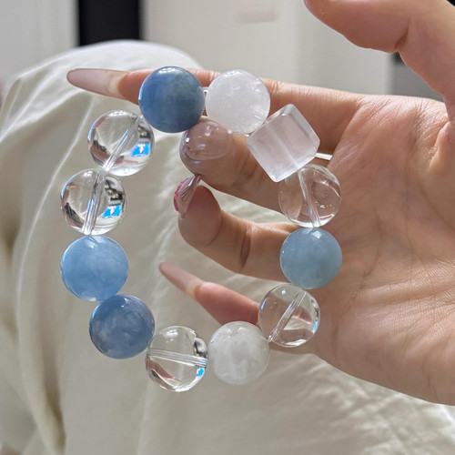 碎冰蓝高冰透双A白水晶手串星光海蓝宝水晶手链暴风雪白幽灵多宝