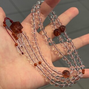 原创新品 红胶花手串饰品礼物送女友闺蜜 108颗佛珠白水晶手链女款