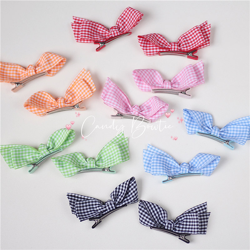 Candy bowtie 手工  春夏美美的立体格纹对夹宝宝侧夹儿童发夹