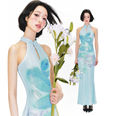 杨二大梦艺术家合作款 现货 蓝蛇印花挂脖旗袍度假连衣裙2025夏