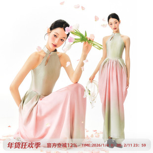 杨二大梦原创粉绿渐变郁金香花苞挂脖连衣裙2025初夏穿搭无袖裙子
