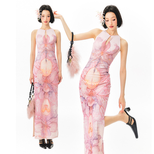 杨二大梦x水煮蒸汽插画师联名花卉印花旗袍连衣裙2025女夏裙子