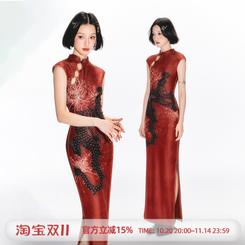 杨二大梦原创新中式龙纹印花旗袍裙女夏2025新款立领无袖连衣裙