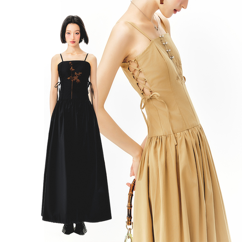 杨二大梦原创竹叶刺绣连衣裙