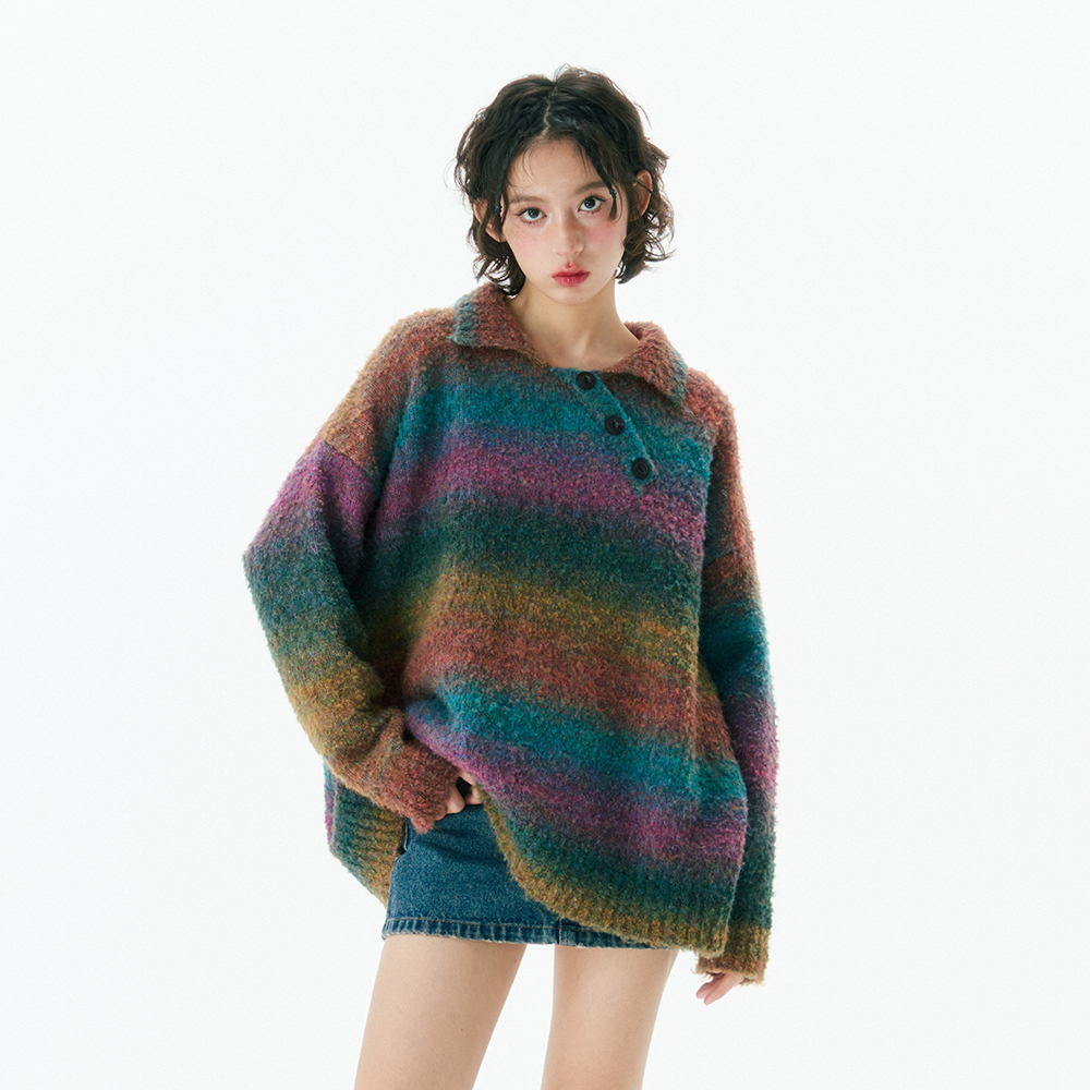 杨二大梦渐变圈圈纱polo领毛衣