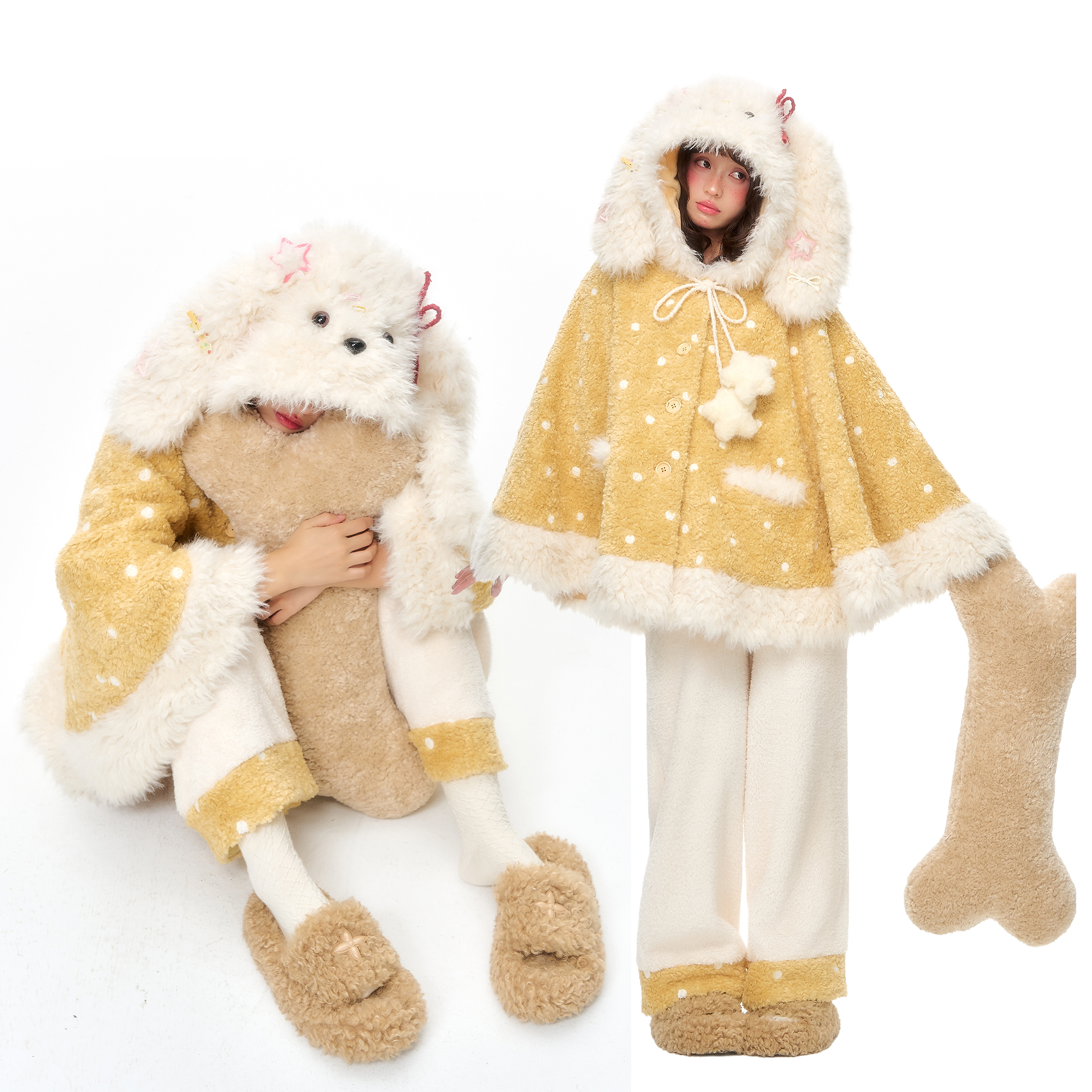 杨二大梦原创白色可爱泰迪小狗斗篷家居服可外穿睡衣加绒加厚睡袍