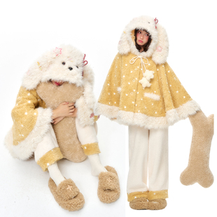 杨二大梦原创白色可爱泰迪小狗斗篷家居服可外穿睡衣加绒加厚睡袍