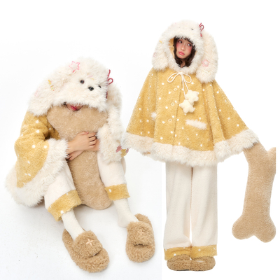 杨二大梦原创白色可爱泰迪小狗斗篷家居服可外穿睡衣加绒加厚睡袍