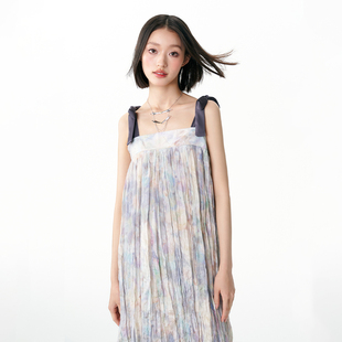 杨二大梦原创褶皱幻彩绑带高端气质吊带连衣裙初恋裙子女夏季