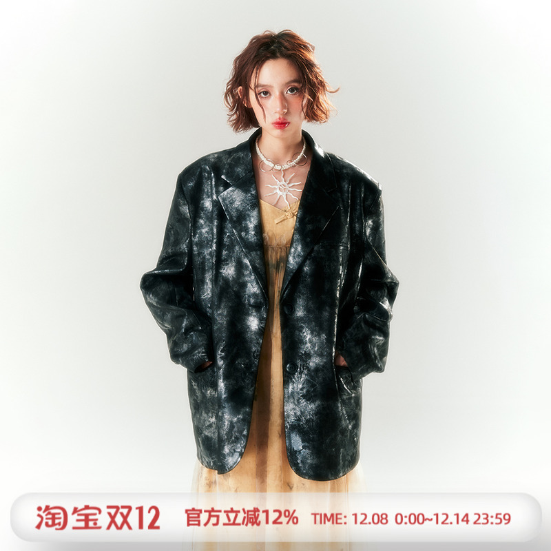 杨二大梦宽松复古皮衣西装外套