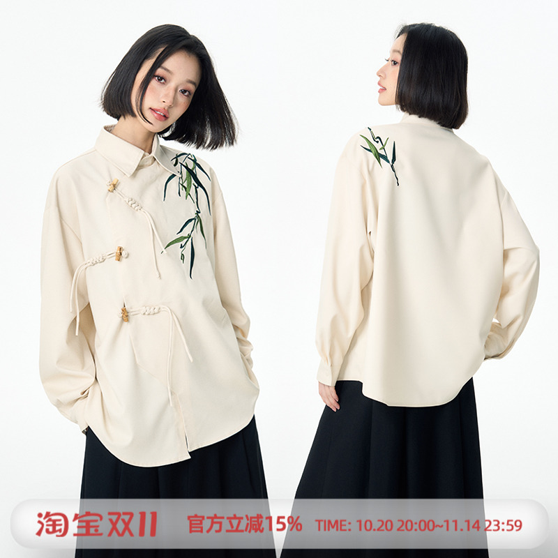 中国风衬衣高级感轻奢竹节扣竹叶刺绣衬衫