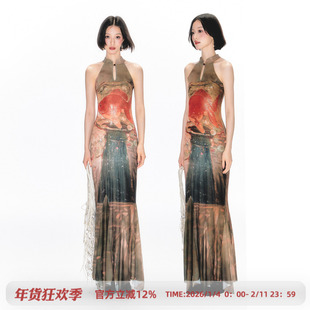 杨二大梦x白洲插画师合作款金鱼旗袍裙女2025夏季新款印花连衣裙