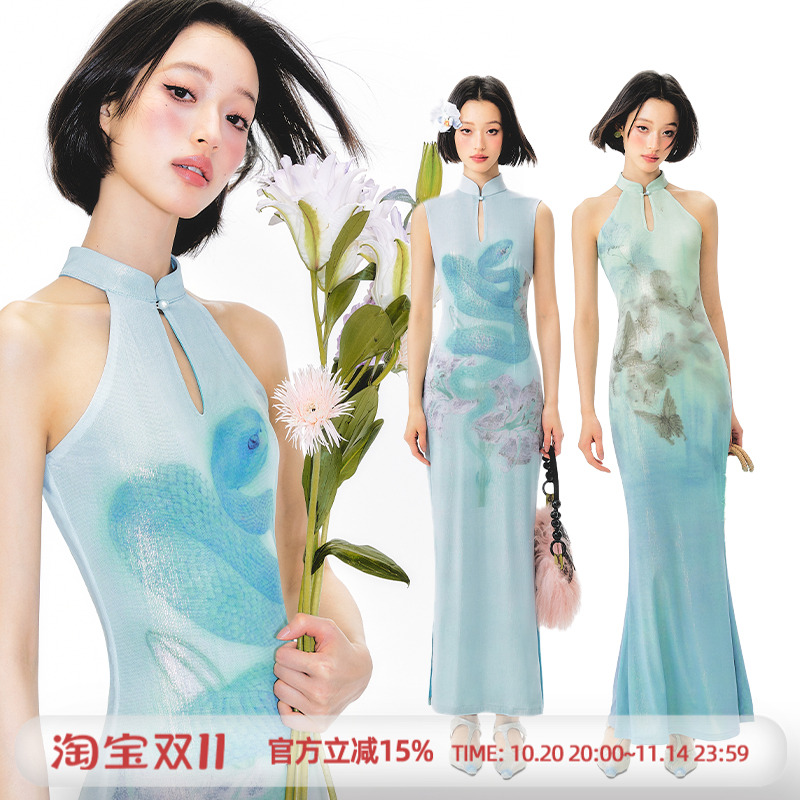 杨二大梦新中式印花旗袍连衣裙