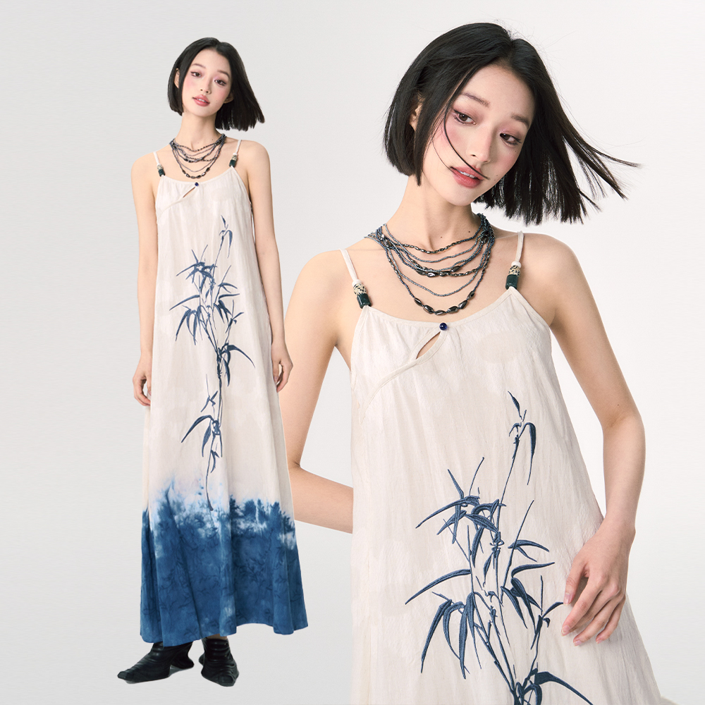杨二大梦原创 新中式渐变竹叶刺绣吊带裙夏季新款高端高级感裙子