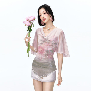 杨二大梦亮丝花卉印花荡领短袖背心上衣女夏收腰不规则下摆小衫
