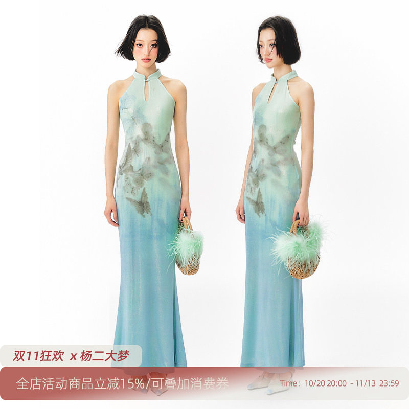 杨二大梦原创艺术家合作蝴蝶印花挂脖鱼尾连衣裙女2026夏新款长裙