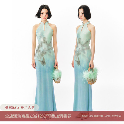 杨二大梦原创艺术家合作蝴蝶印花挂脖鱼尾连衣裙女2026夏新款长裙