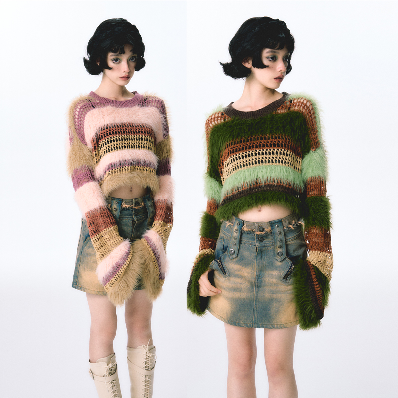 杨二大梦毛毛拼接针织衫