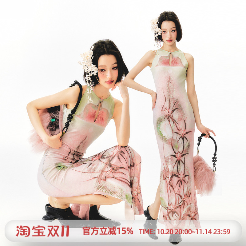 杨二大梦手绘花蛇印花连衣裙