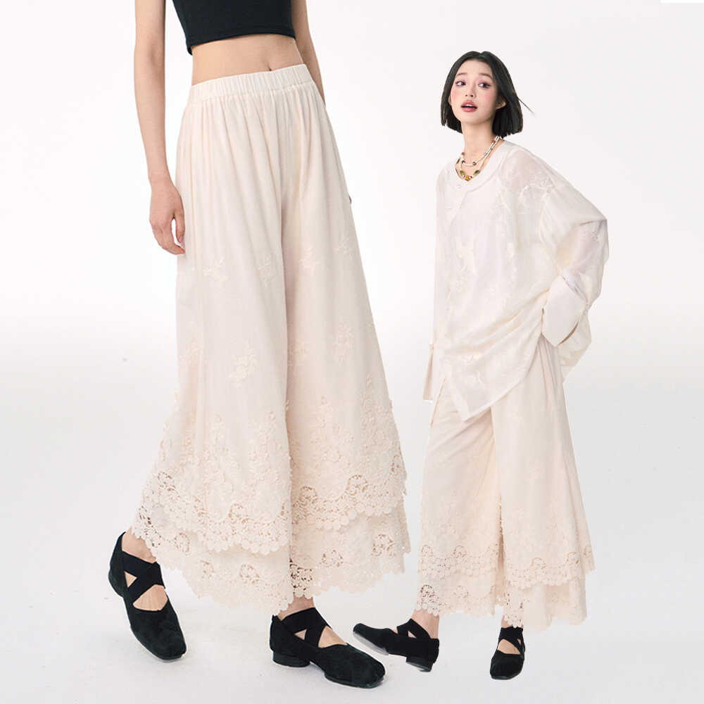 杨二大梦宽松纯色蕾丝边阔腿裤