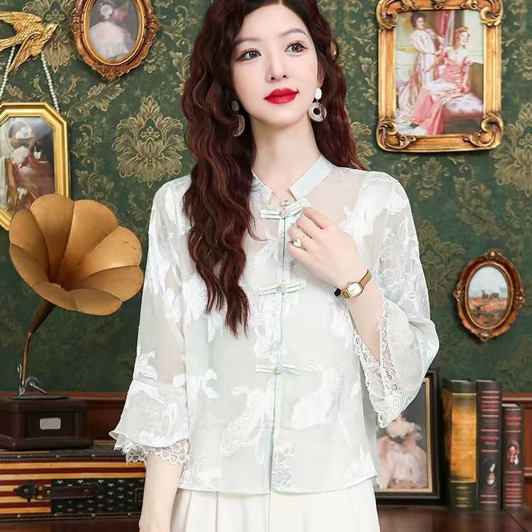 轻国风新中式外套女夏季薄款防晒衣薄纱外穿盘扣上衣唐装刺绣开衫