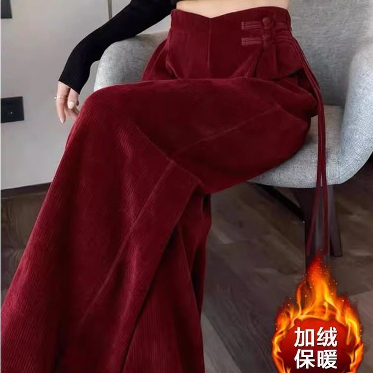 2025秋冬新款新中式拉菲红色盘扣灯芯绒阔腿裤女高腰流苏直筒裤