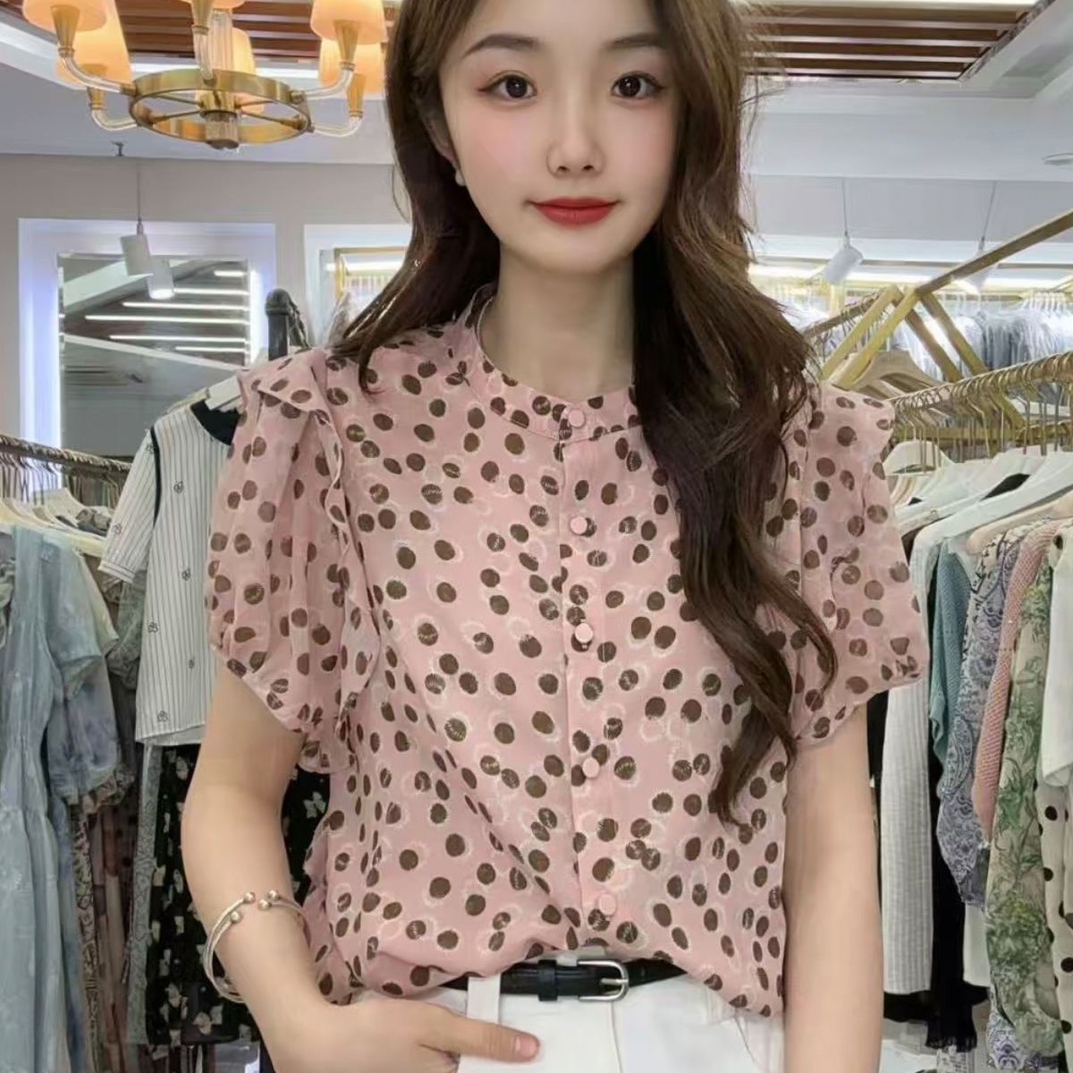 洋气减龄粉色波点立领短袖衬衫女T恤