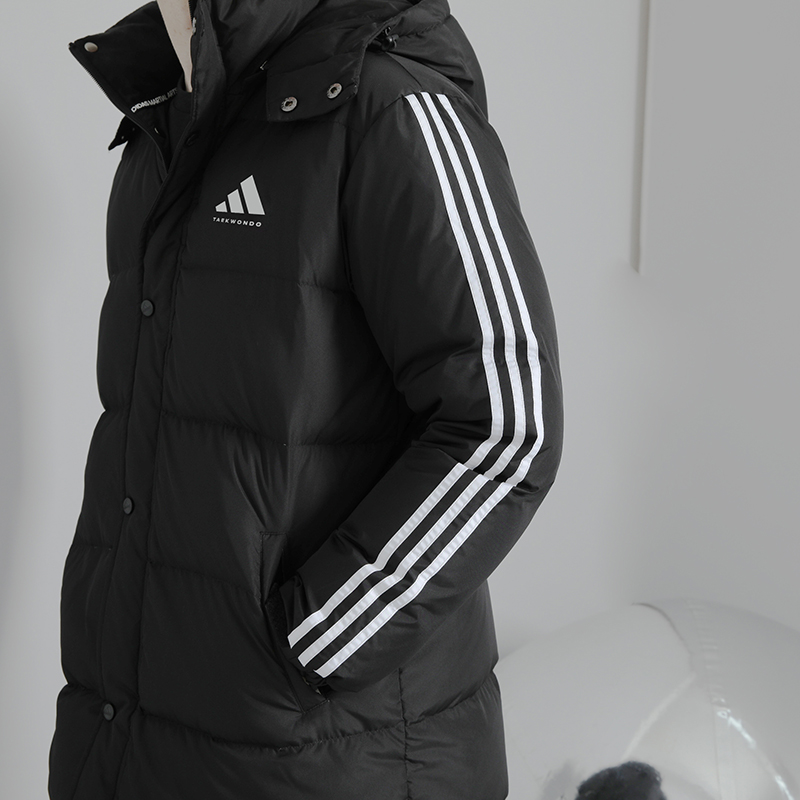 Adidas阿迪达斯长款羽绒服户外运动连帽冬季加厚男女同款 三条杠