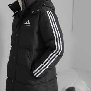 Adidas阿迪达斯长款羽绒服户外运动连帽冬季加厚男女同款 三条杠