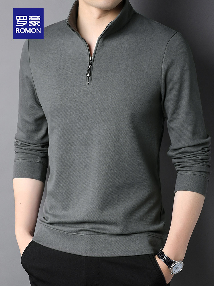ROMON SPRING AND AUTUMN NEW MENS LONG-SLEEVED POLO SHIRT CASUAL HALF ZIPPER STAND COLLAR T-SHIRT MIDDLE-AGED LOOSE BOTTOMING SHIRT