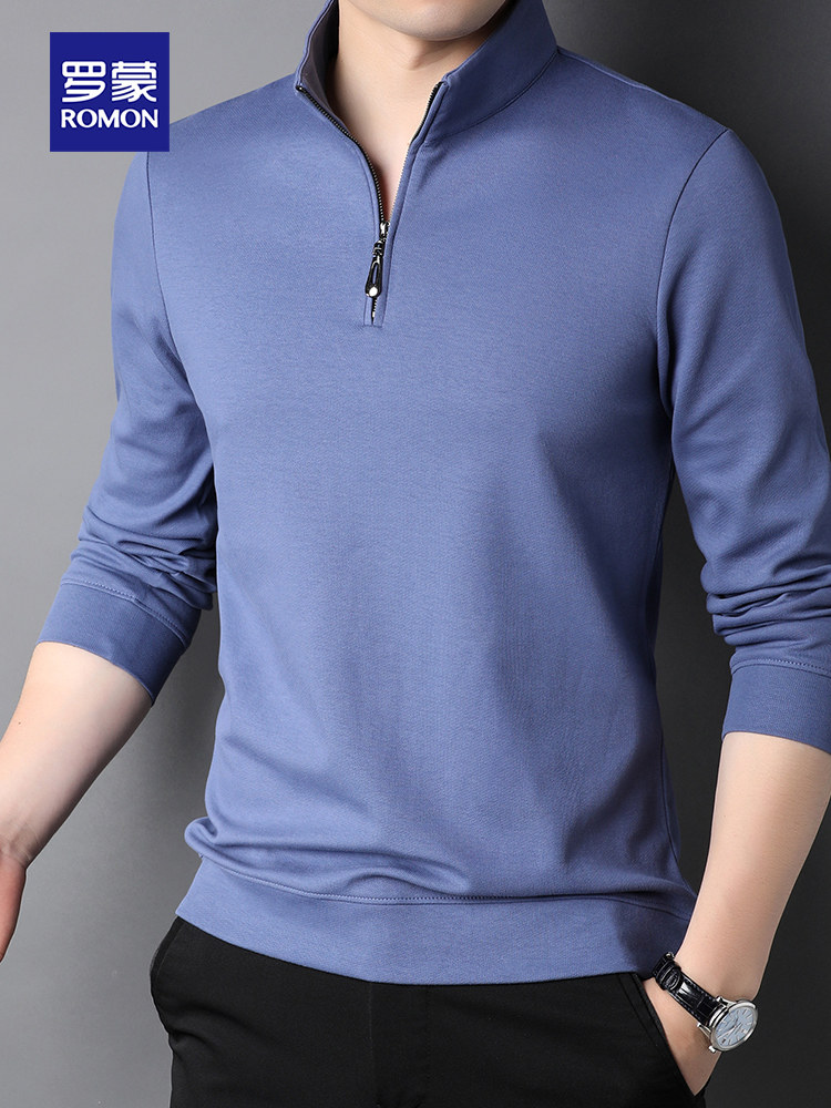 ROMON SPRING AND AUTUMN NEW MENS LONG-SLEEVED POLO SHIRT CASUAL HALF ZIPPER STAND COLLAR T-SHIRT MIDDLE-AGED LOOSE BOTTOMING SHIRT