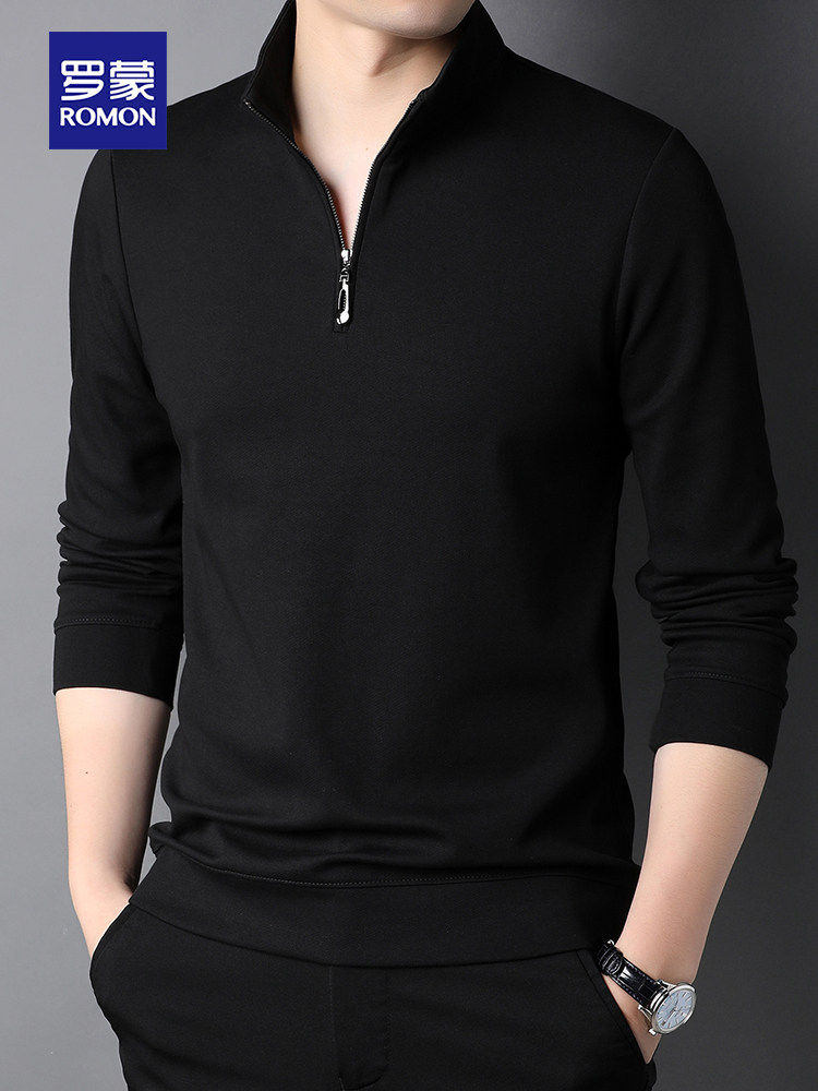 ROMON SPRING AND AUTUMN NEW MENS LONG-SLEEVED POLO SHIRT CASUAL HALF ZIPPER STAND COLLAR T-SHIRT MIDDLE-AGED LOOSE BOTTOMING SHIRT