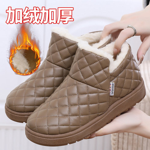 冬季加绒加厚皮面防水保暖雪地靴平底防滑软底休闲棉鞋外穿孕妇鞋