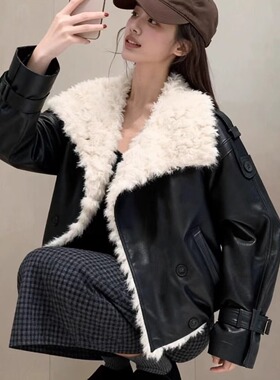 羊羔毛外套女冬高级感黑色皮衣环保皮草派克服宽松保暖毛绒绒上衣